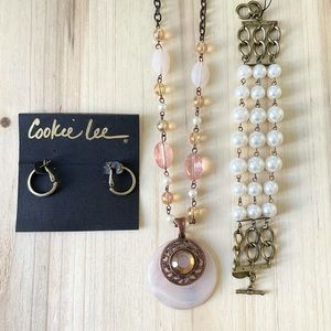 Cookie Lee pearl bracelet pink beaded necklace brass hoop earrings NWT